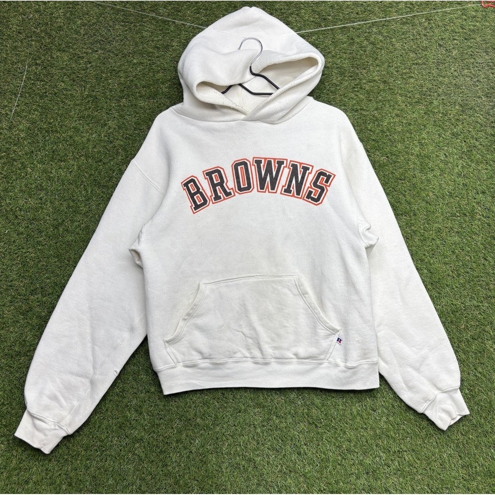 Vintage Cleveland Browns Russell Athletic Hoodie Mens Medium White Spellout 90s